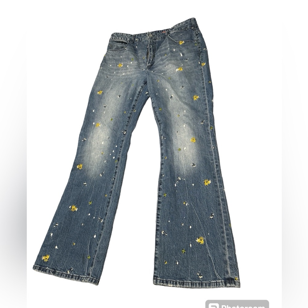 Pilcro Anthropologie embroidered and paint splatter jeans
